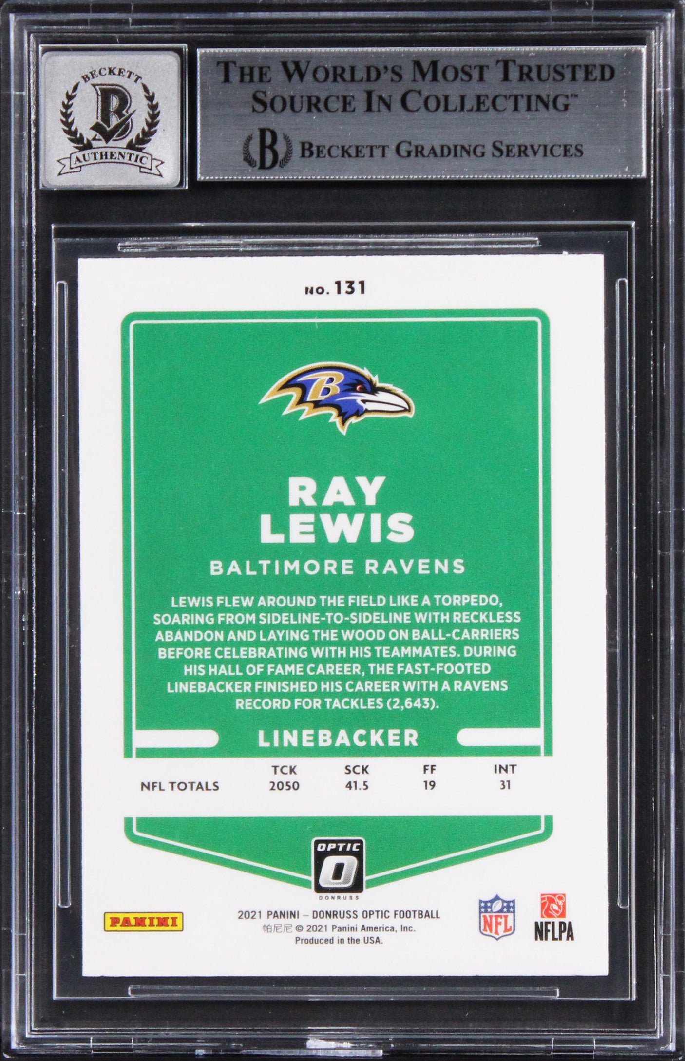 Ravens Ray Lewis Signed 2021 Donruss Optic #131 Card Auto Grade 10! BAS Slabbed