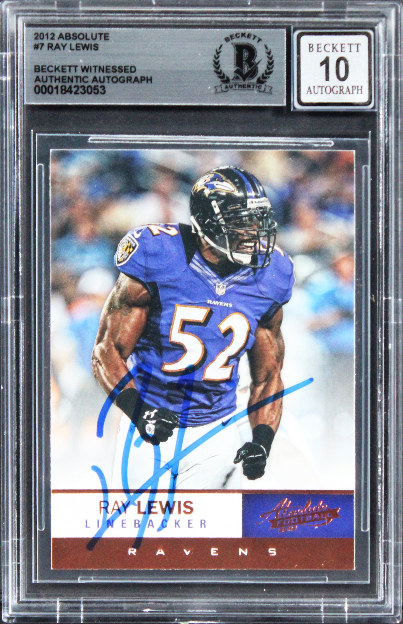 Ravens Ray Lewis Signed 2012 Absolute #7 Card Auto Graded Gem Mint 10! BAS Slab