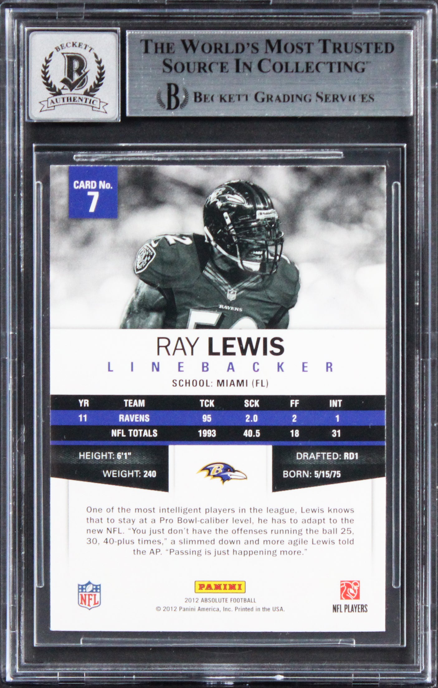 Ravens Ray Lewis Signed 2012 Absolute #7 Card Auto Graded Gem Mint 10! BAS Slab