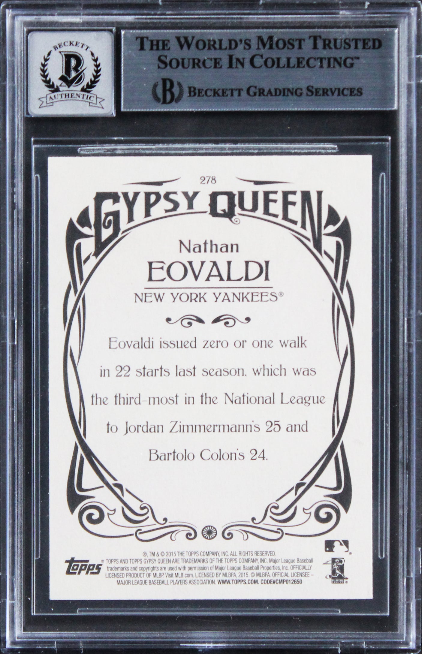 Yankees Nathan Eovaldi Signed 2015 Topps GQ #278 Card Auto 10! BAS Slabbed