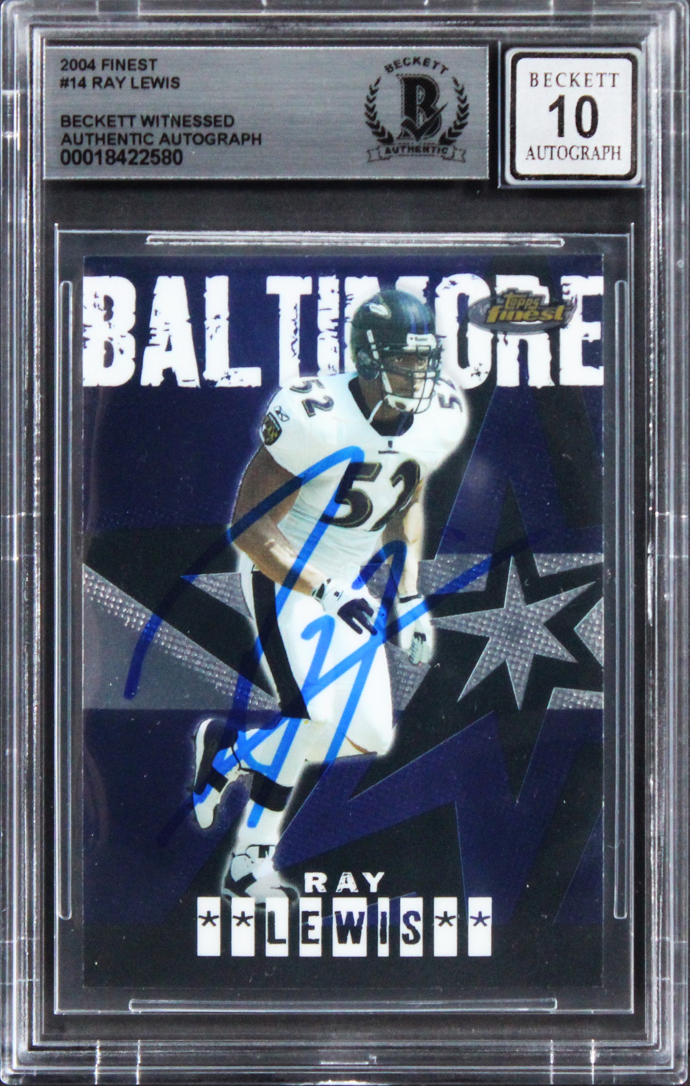 Ravens Ray Lewis Signed 2001 Finest #14 Card Auto Grade Gem Mint 10! BAS Slabbed