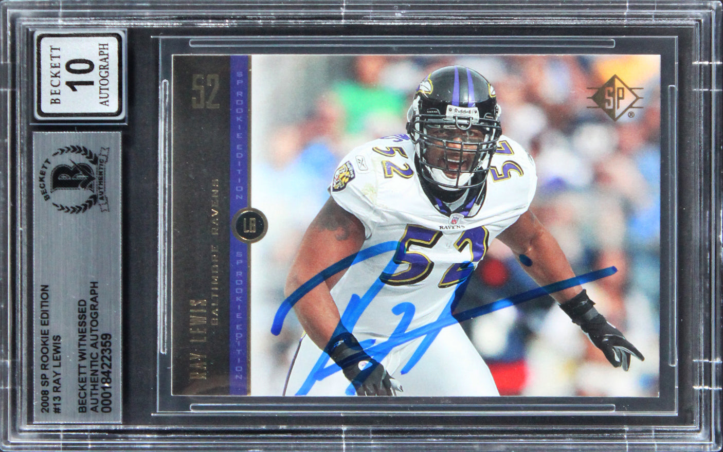 Ravens Ray Lewis Signed 2008 SP Rookie Edition #13 Card Auto GM 10! BAS Slabbed