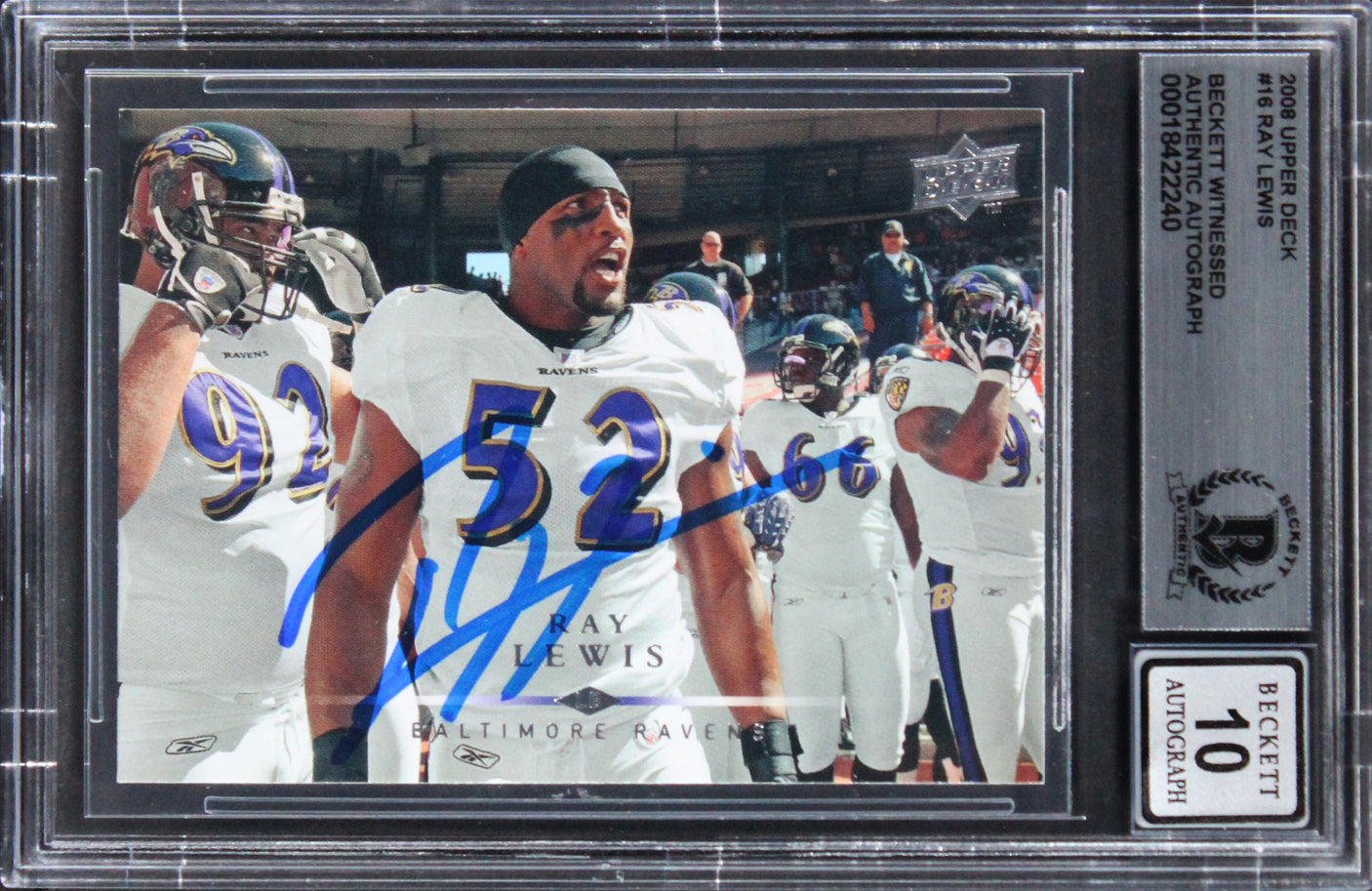 Ravens Ray Lewis Signed 2008 Upper Deck #16 Card Auto Graded GM 10! BAS Slabbed