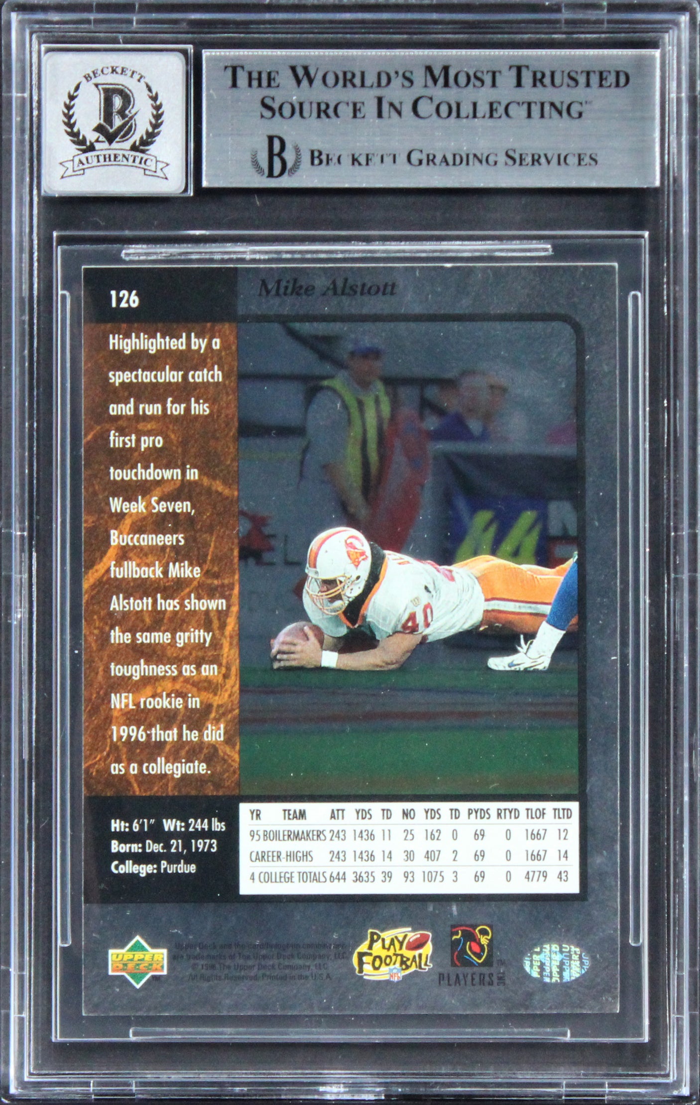 Bucs Mike Alstott "A-Train" Signed 1996 SP #126 Rookie Card Auto 10! BAS Slab 2