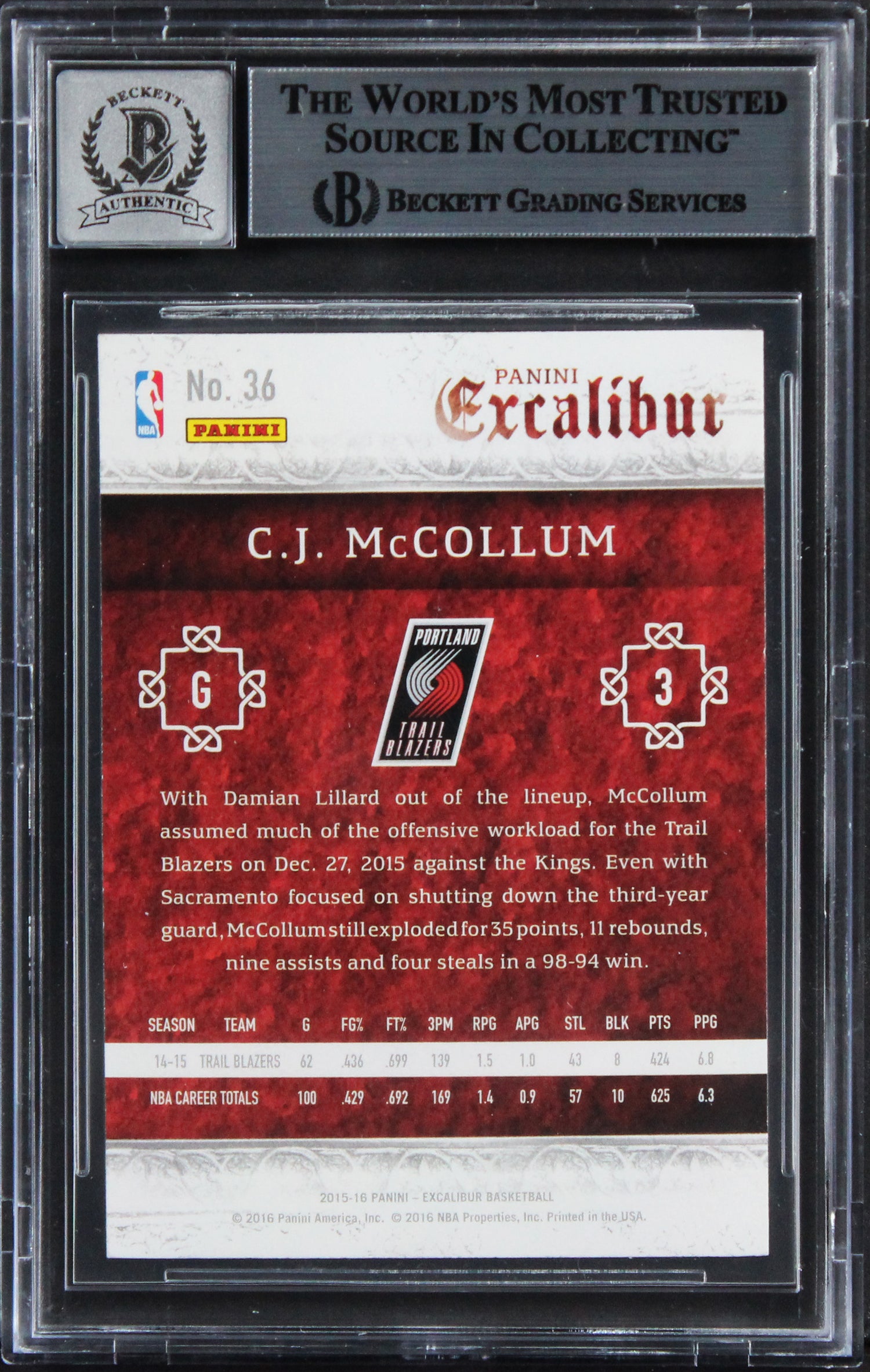 Blazers C.J. McCollum Signed 2015 Panini Excalibur #36 Card 10! BAS Slabbed