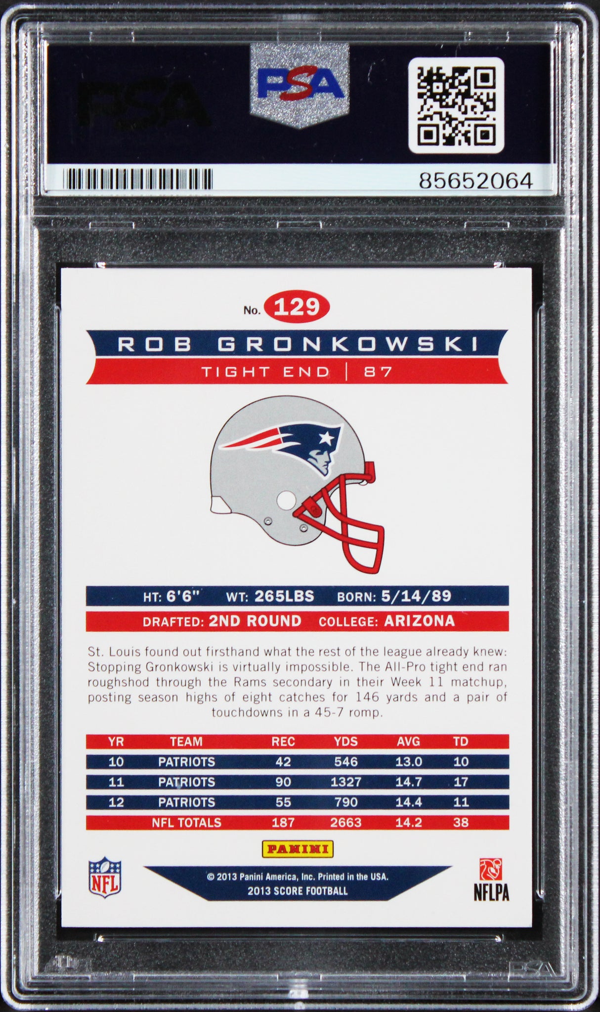 Patriots Rob Gronkowski Signed 2013 Panini Score #129 Card PSA/DNA Slabbed