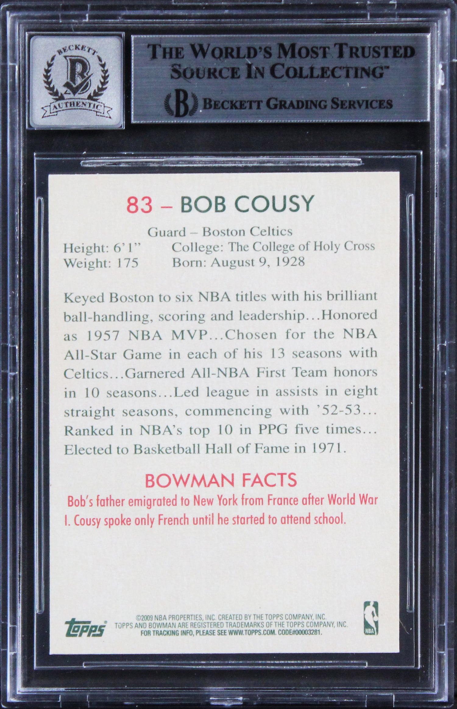 Celtics Bob Cousy "Peace" Signed 2009 Bowman 48 #83 Card Auto 10! BAS Slabbed