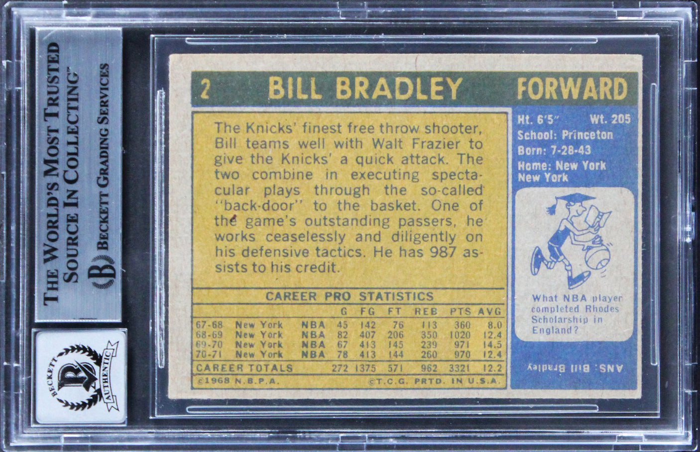 Knicks Bill Bradley Signed 1971 Topps #2 Card Auto Graded Gem 10! BAS Slabbed