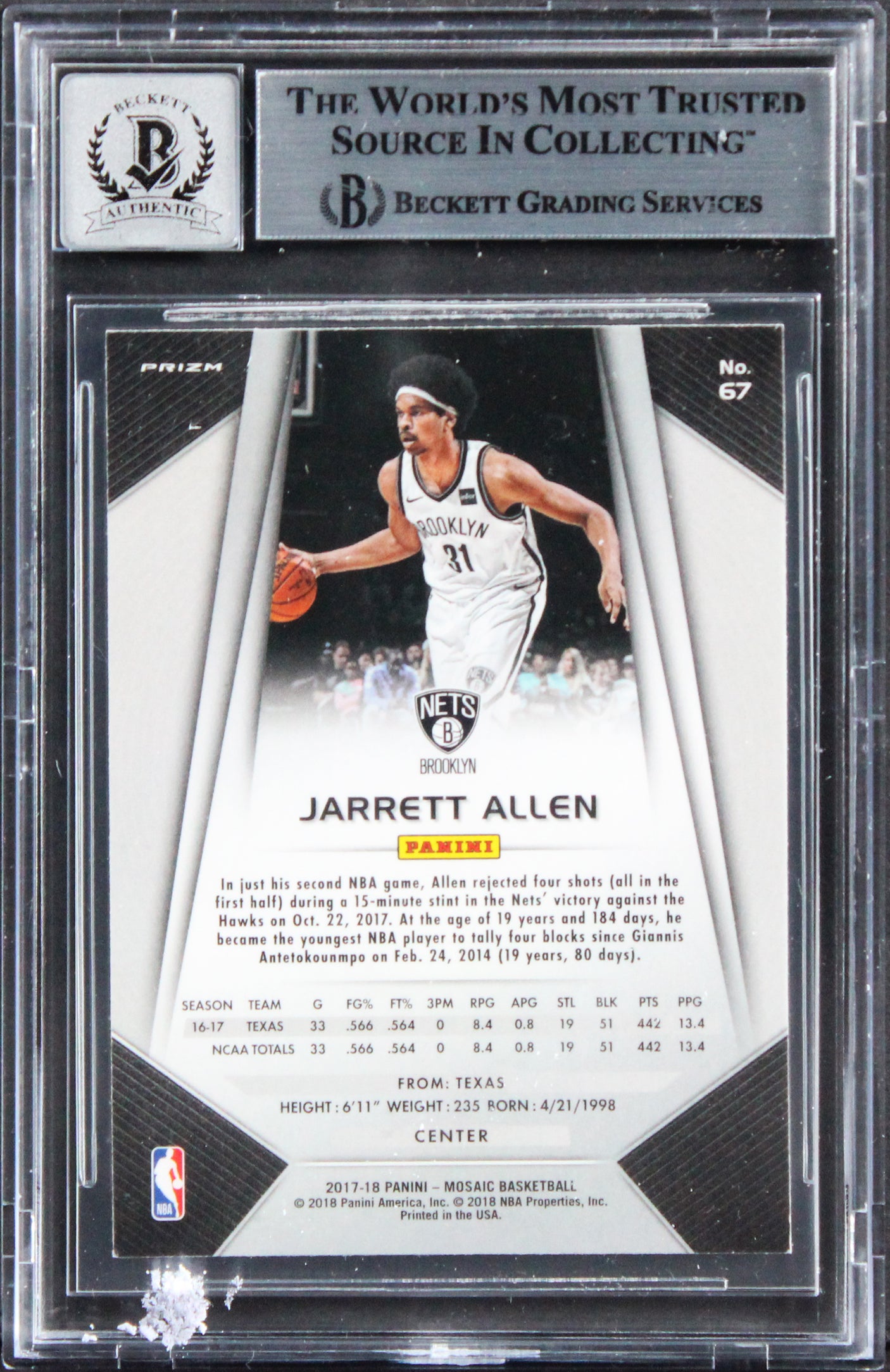 Nets Jarrett Allen Signed 2017 Panini Prizm MR #67 Rookie Card Auto 10! BAS Slab