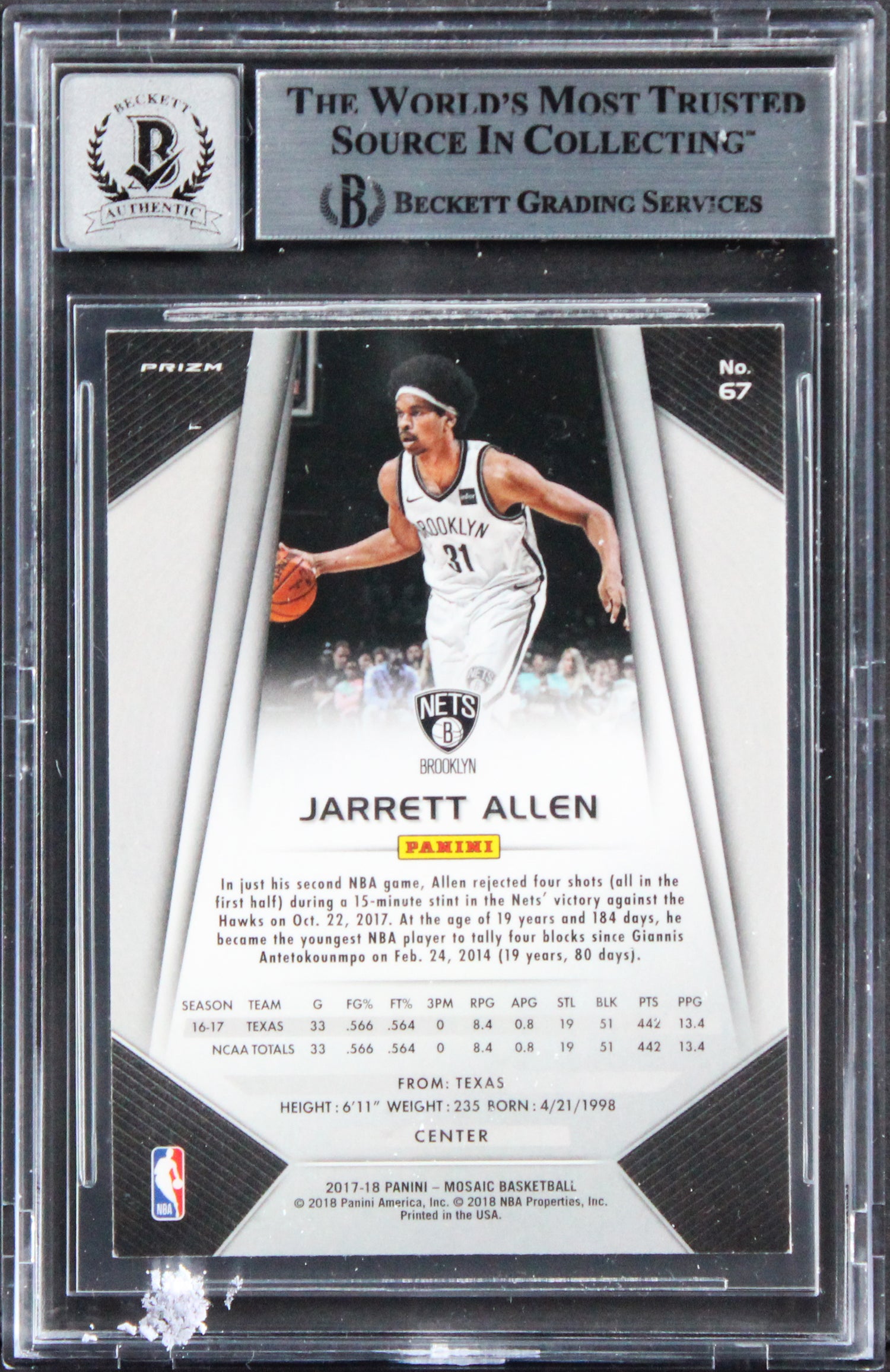 Nets Jarrett Allen Signed 2017 Panini Prizm MR #67 Rookie Card Auto 10! BAS Slab