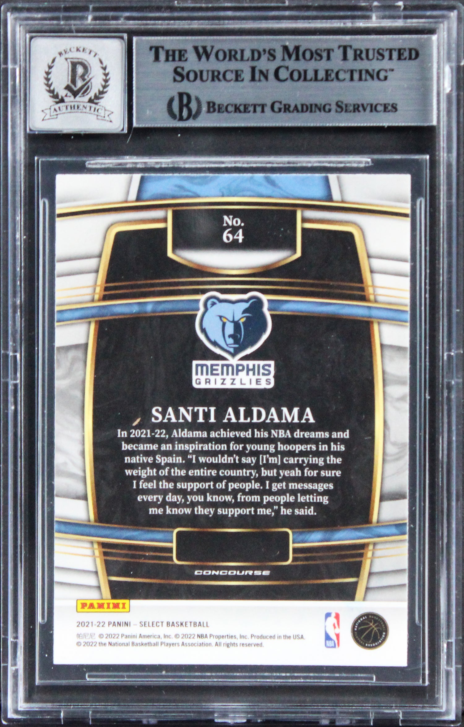 Grizzlies Santi Aldama Signed 2021 Select B #64 Rookie Card Auto 10! BAS Slabbed