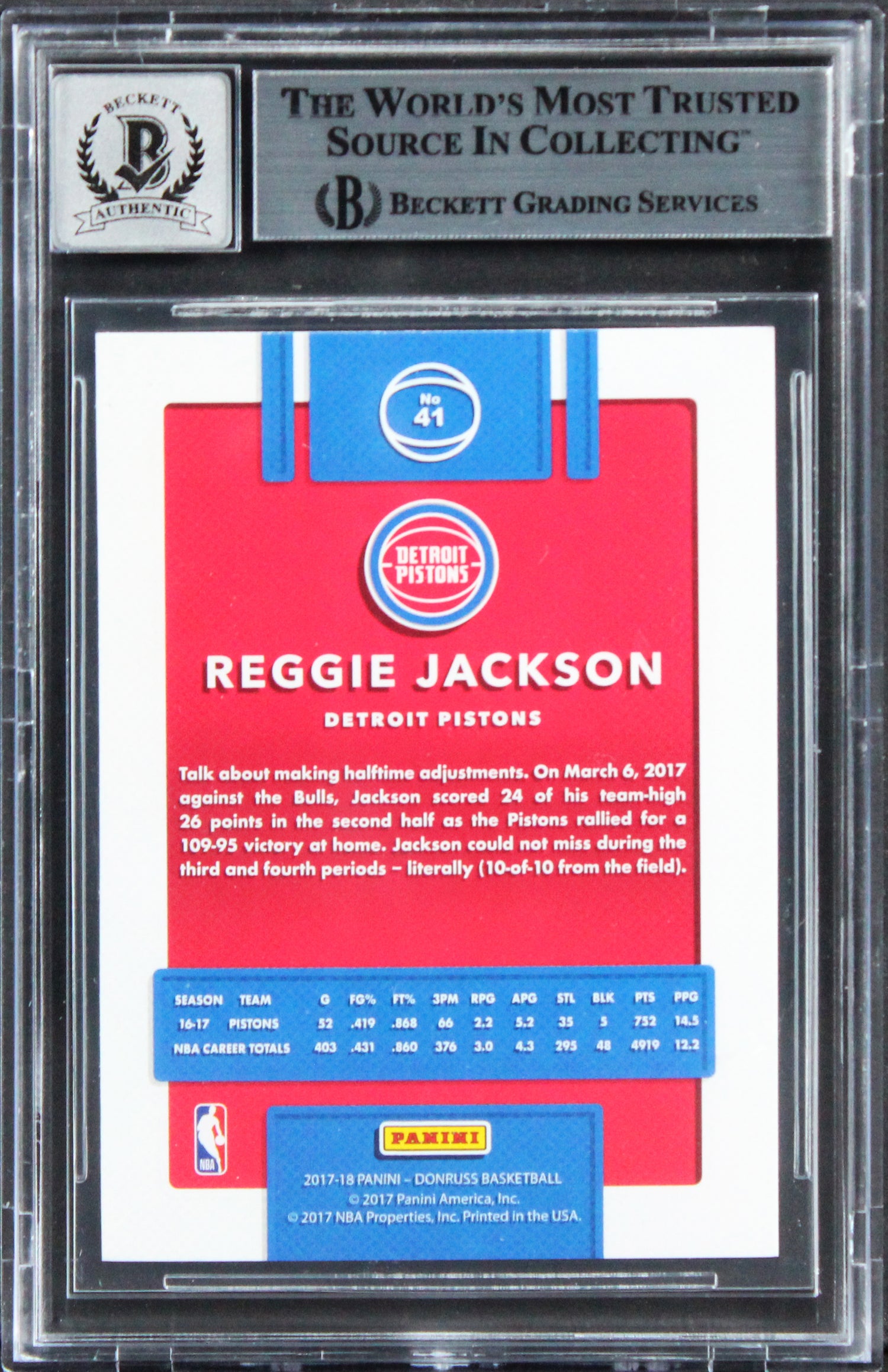 Pistons Reggie Jackson Signed 2017 Donruss #41 Card Auto Graded 10! BAS Slabbed