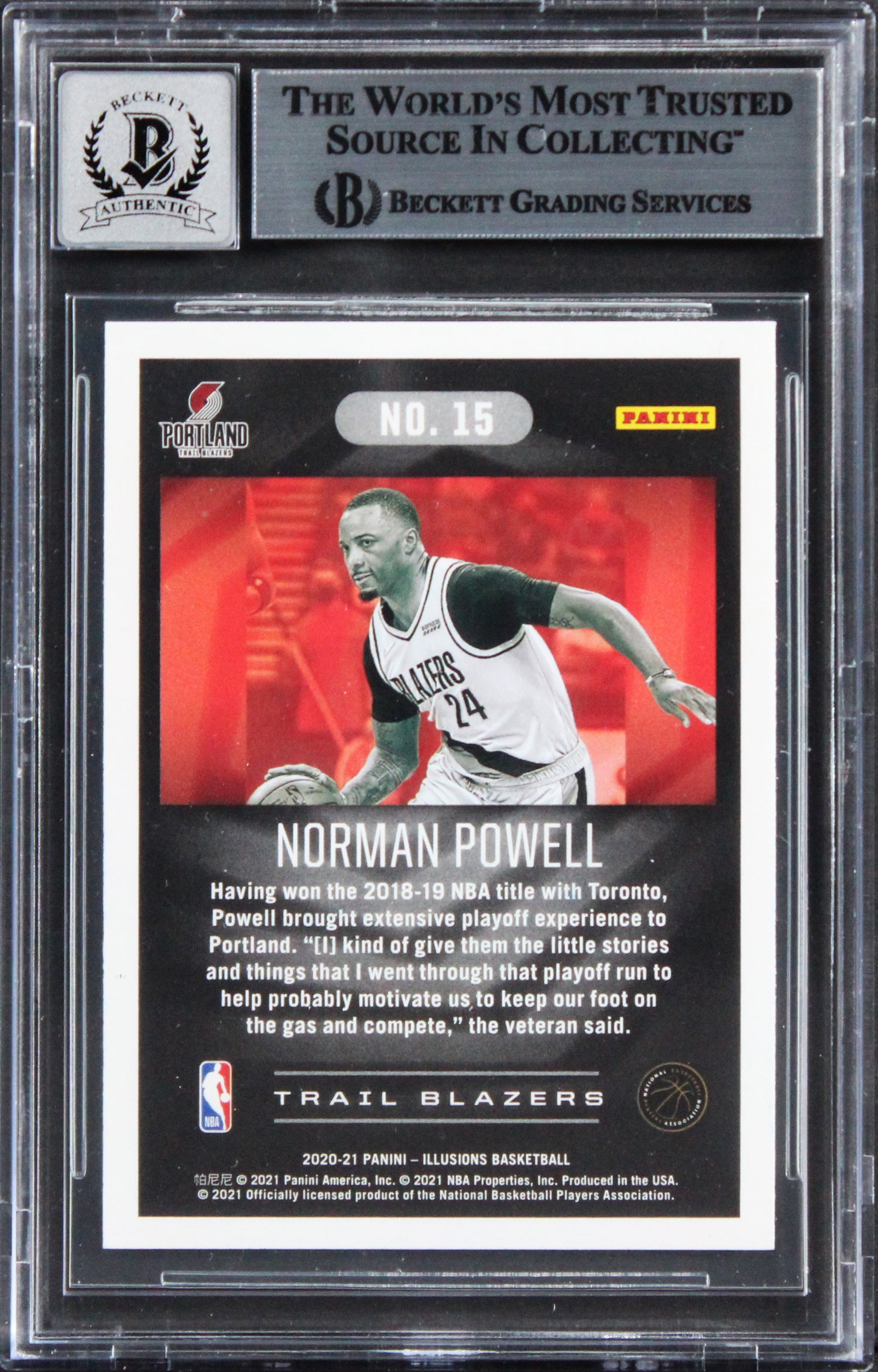 Blazers Norman Powell Signed 2020 Panini Illusions #15 Card Auto 10! BAS Slabbed
