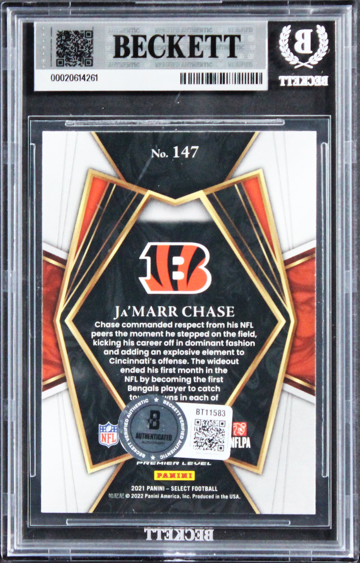 Bengals Ja'Marr Chase Authentic Signed 2021 Select #147 Rookie Card BAS Slabbed