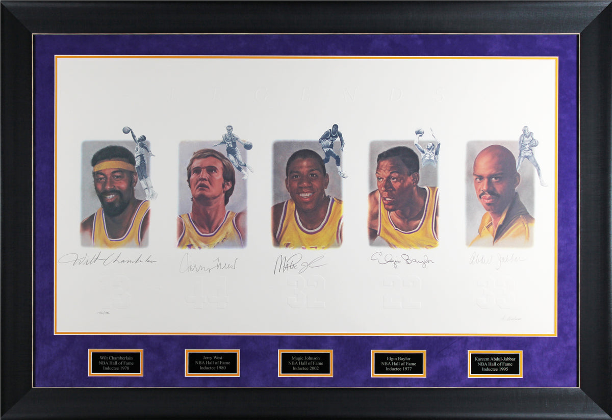 Lakers Legends (5) Chamberlain Jabbar Johnson Signed & Framed 22x39 Litho JSA