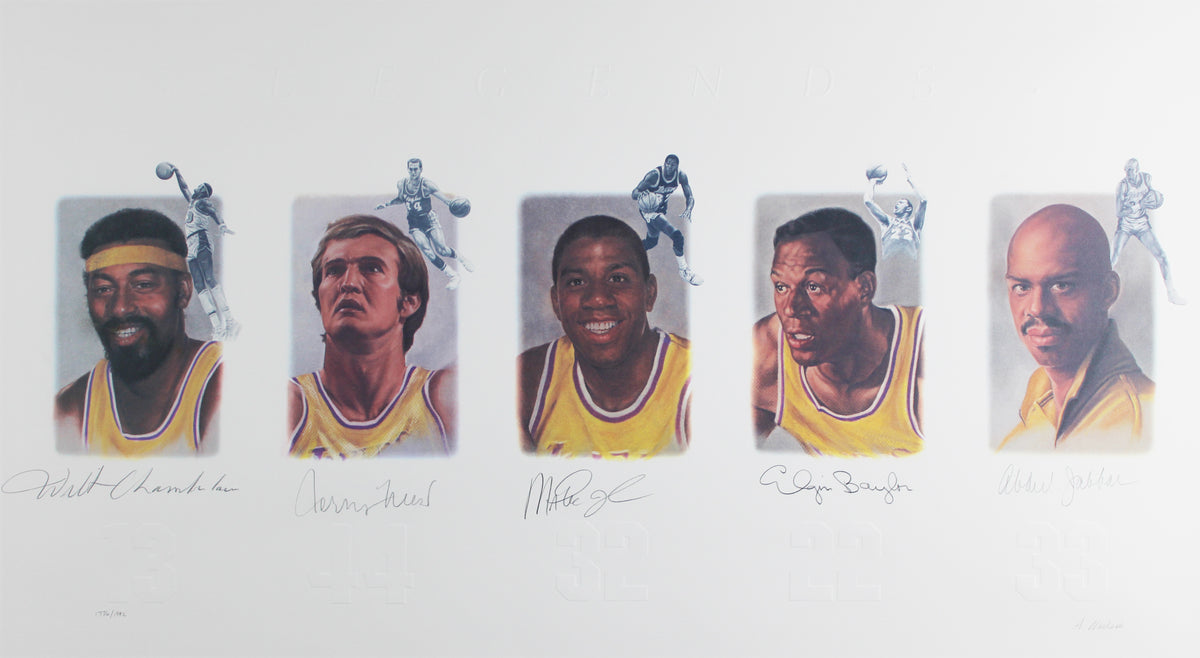 Lakers Legends (5) Chamberlain Jabbar Johnson Signed & Framed 22x39 Litho JSA