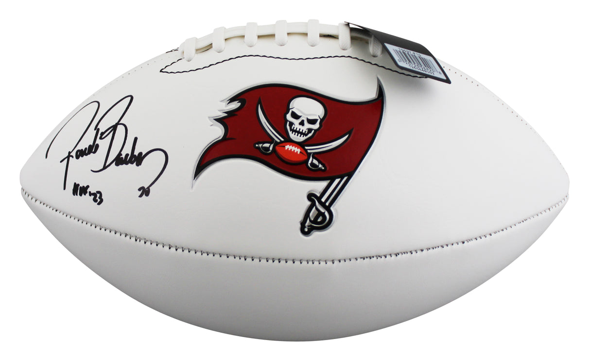 Buccaneers Ronde Barber "HOF 23" Signed White Panel Logo Football BAS Witnessed