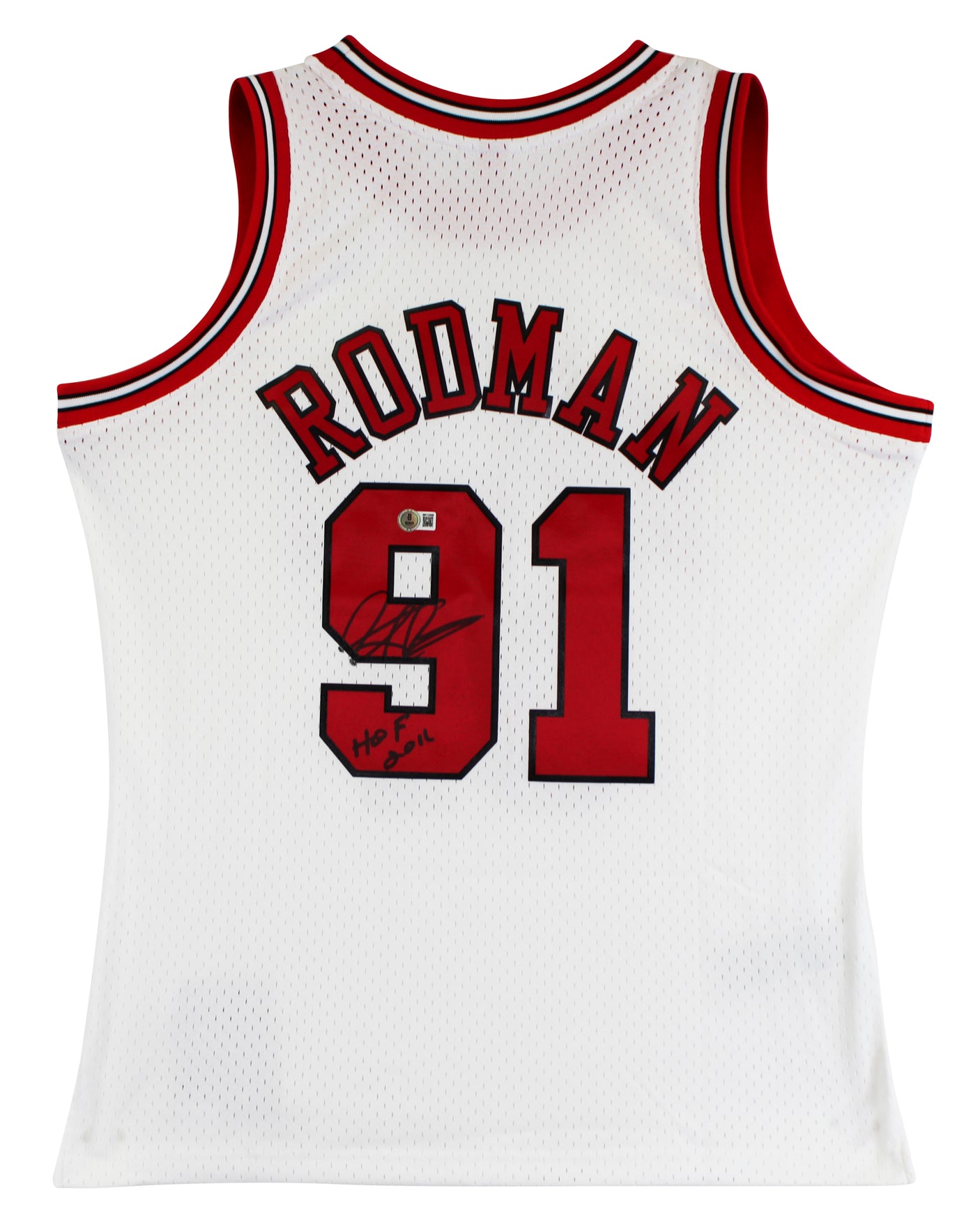 Bulls Dennis Rodman "HOF 2011" Signed White M&N HWC Swingman Jersey BAS Witness