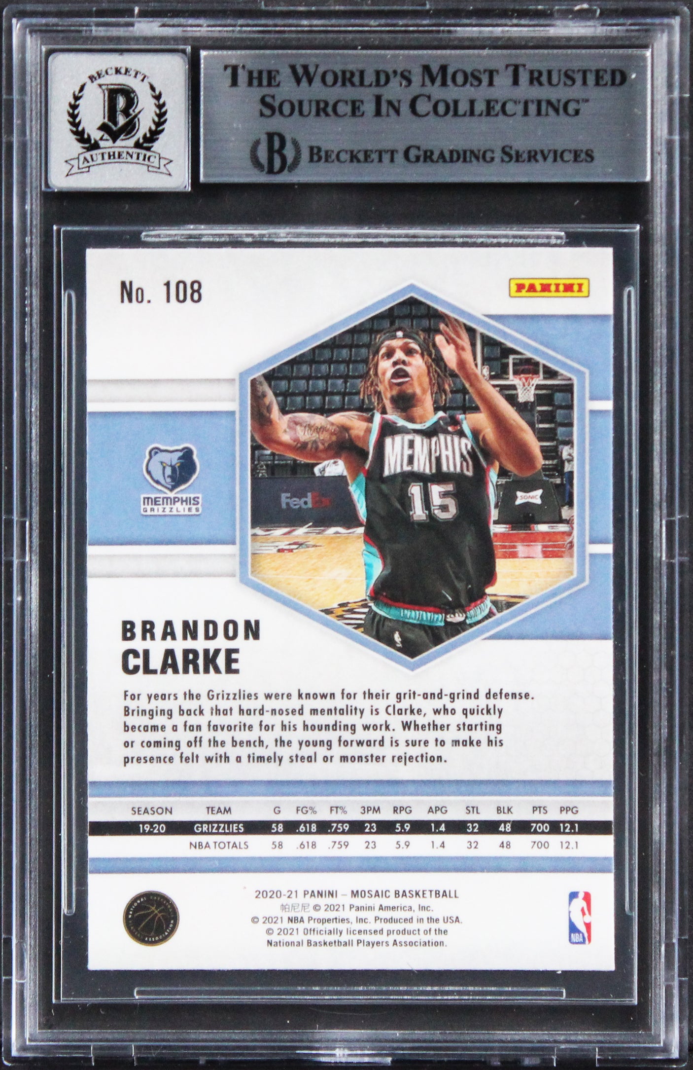 Grizzlies Brandon Clarke Signed 2020 Panini Mosaic #108 Card Auto 10 BAS Slabbed
