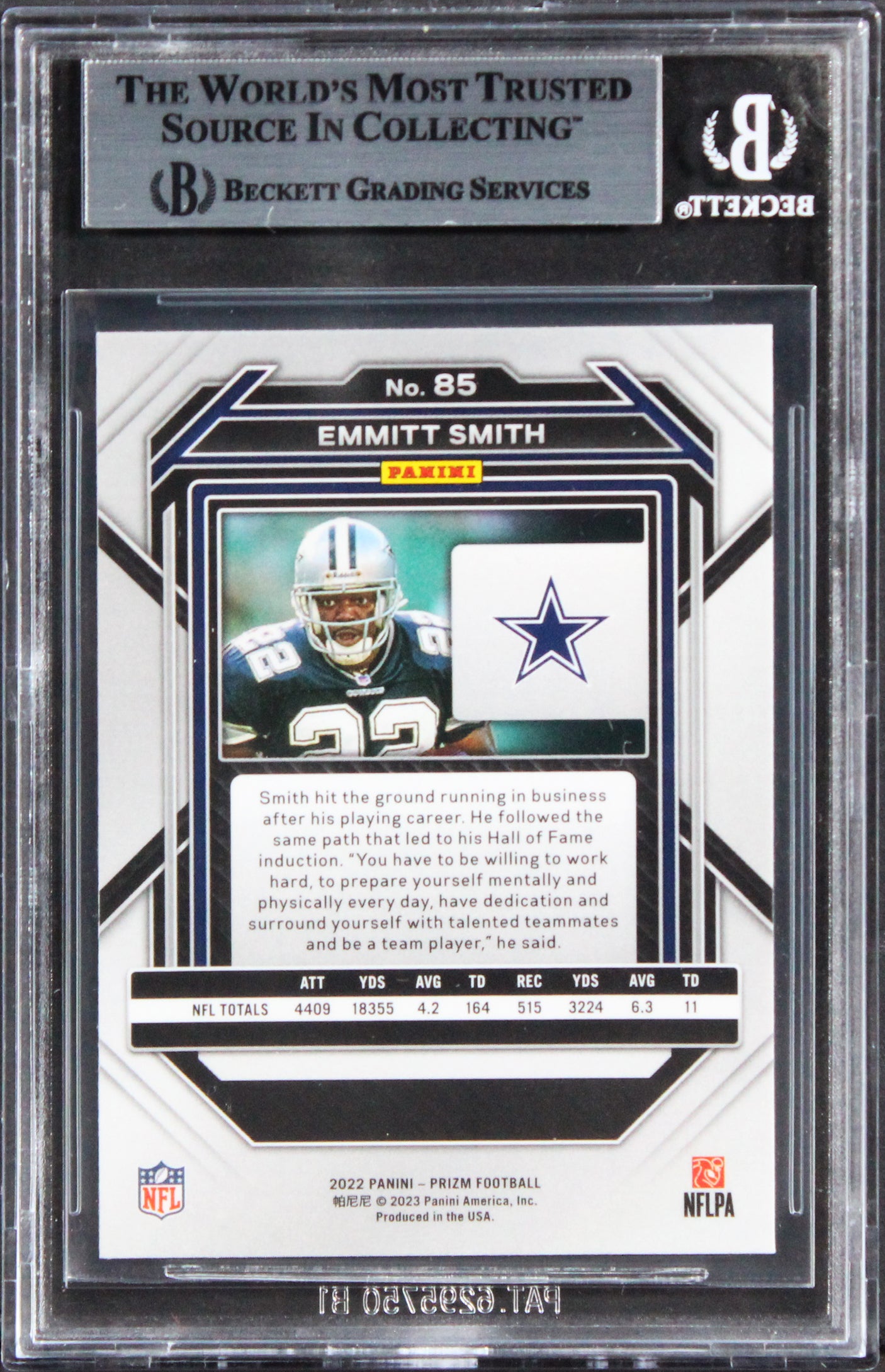 Cowboys Emmitt Smith Authentic Signed 2022 Panini Prizm #85 Card BAS Slabbed