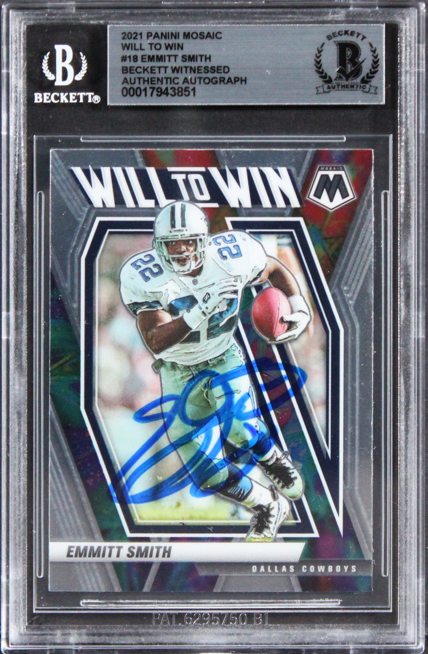 Cowboys Emmitt Smith Signed 2021 Panini Mosaic Will To Win #18 Card BAS Slabbed