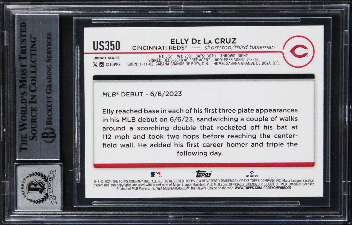 Reds Elly De La Cruz Signed 2024 Topps Update #US350 RC Card Auto 10! BAS Slab