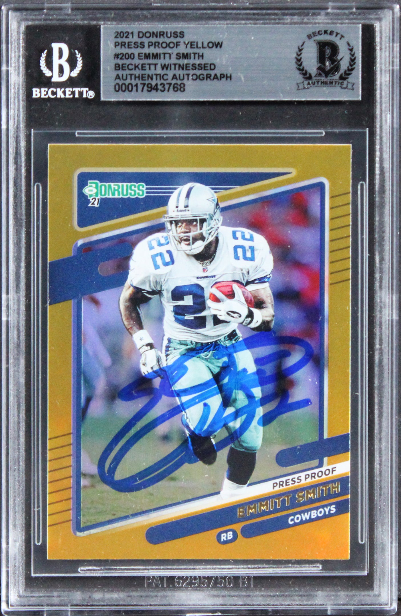 Cowboys Emmitt Smith Signed 2021 Donruss Press Proof Yellow #200 Card BAS Slab