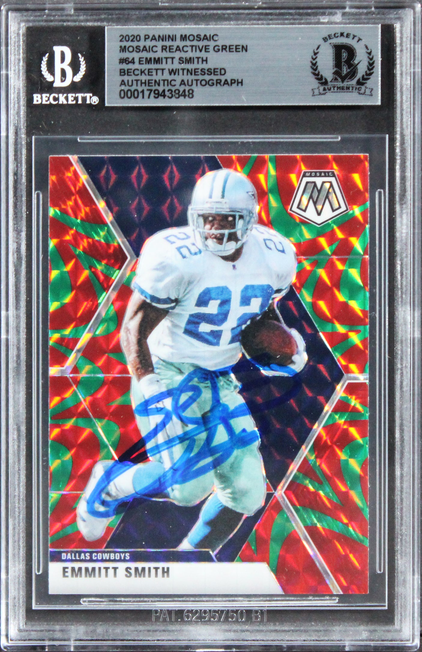 Cowboys Emmitt Smith Signed 2020 Panini Mosaic React Green #64 Card BAS Slabbed