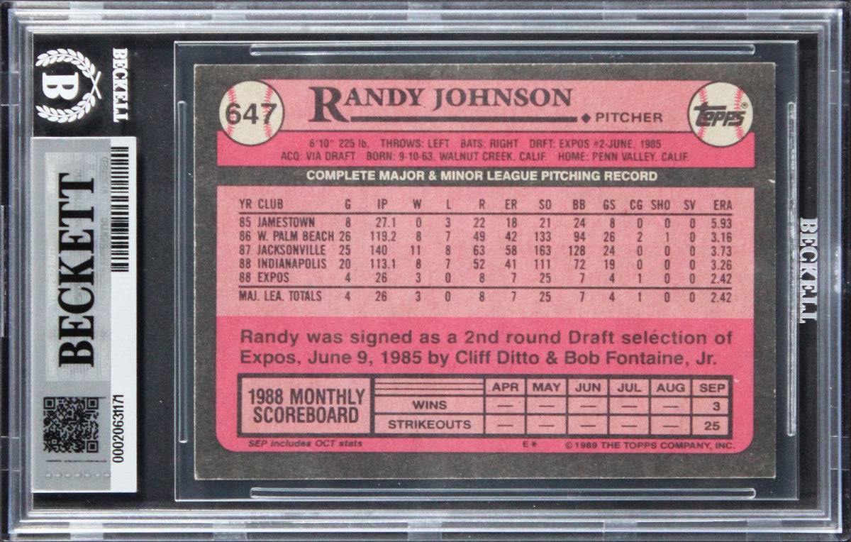 Expos Randy Johnson Signed 1989 Topps #647 Rookie Card Auto GM 10! BAS Slabbed