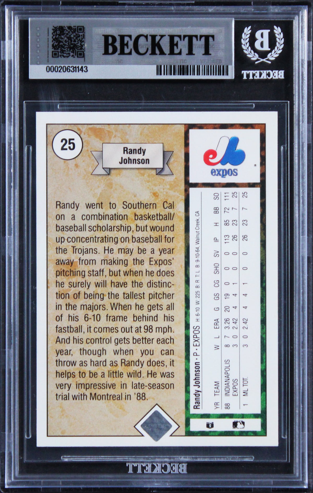 Expos Randy Johnson Signed 1989 Upper Deck #25 Rookie Card Auto 10! BAS Slabbed