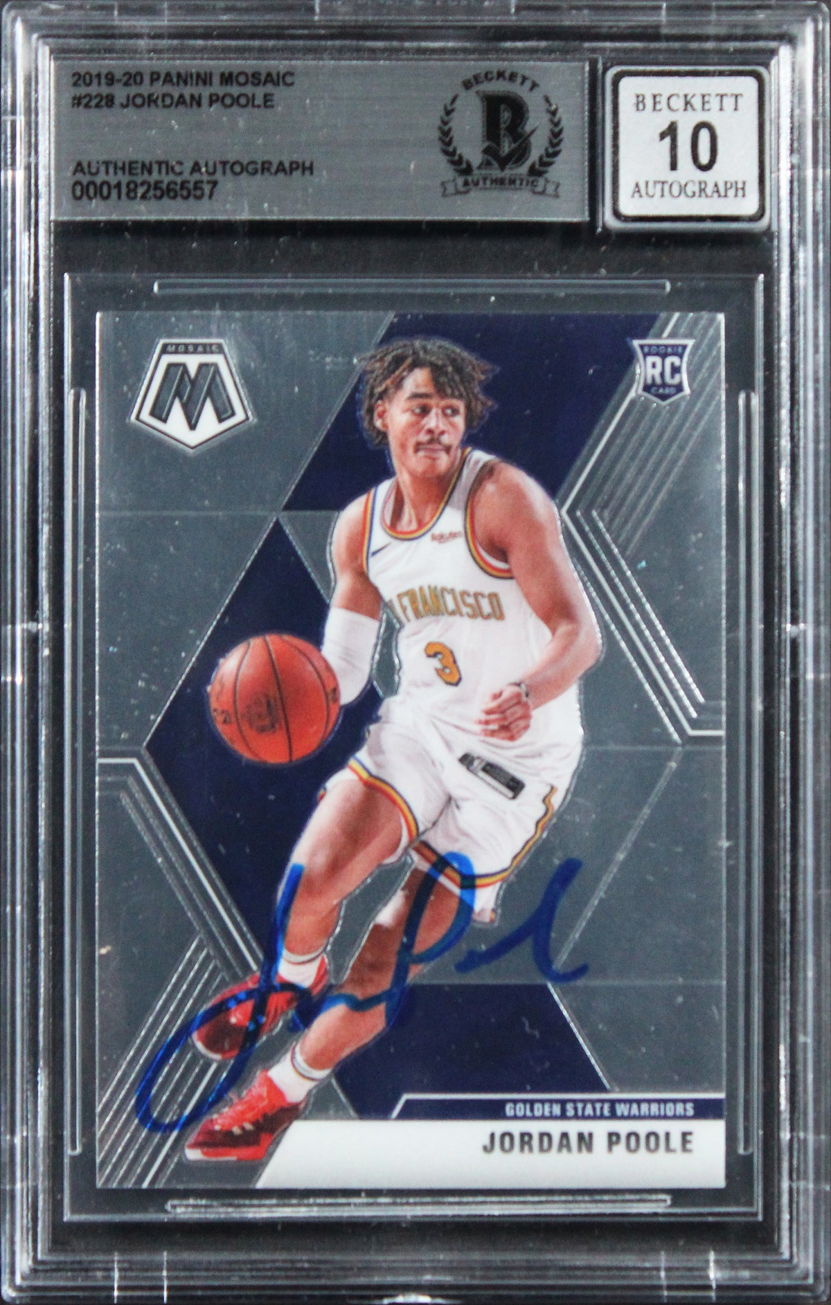 Warriors Jordan Poole Signed 2019 Panini Mosaic #228 RC Card Auto 10! BAS Slab