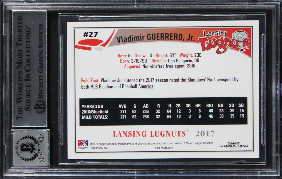 Vladimir Guerrero Jr. Signed 2017 Lansing Lugnuts MiL #8 Card Auto 10! BAS Slab