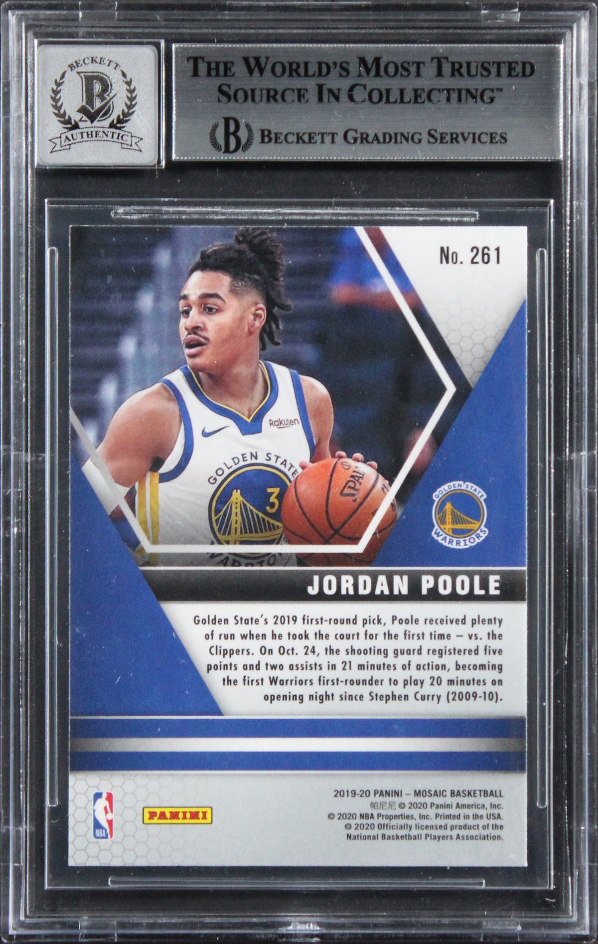 Warriors Jordan Poole Signed 2019 Panini Mosaic #261 RC Card Auto 10! BAS Slab