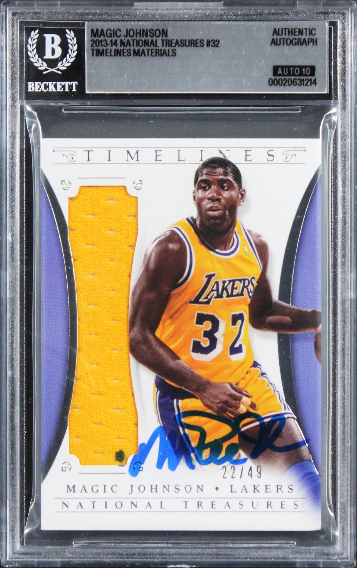 Magic Johnson Signed 2013 National Materials #32 22/49 Card Auto 10! BAS Slabbed