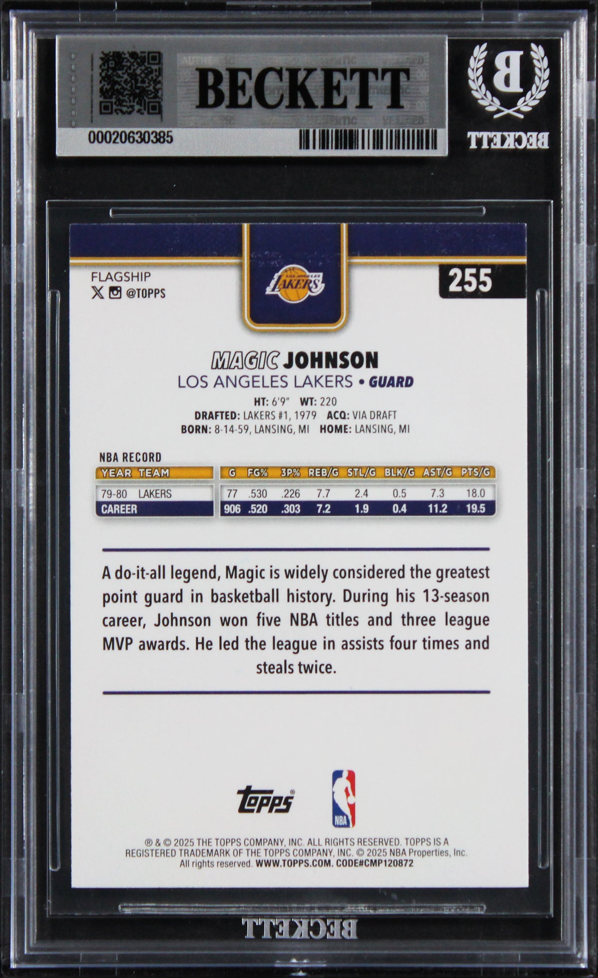 Lakers Magic Johnson Signed 2025 Topps Crackleboard #255 Card Auto 10! BAS Slab