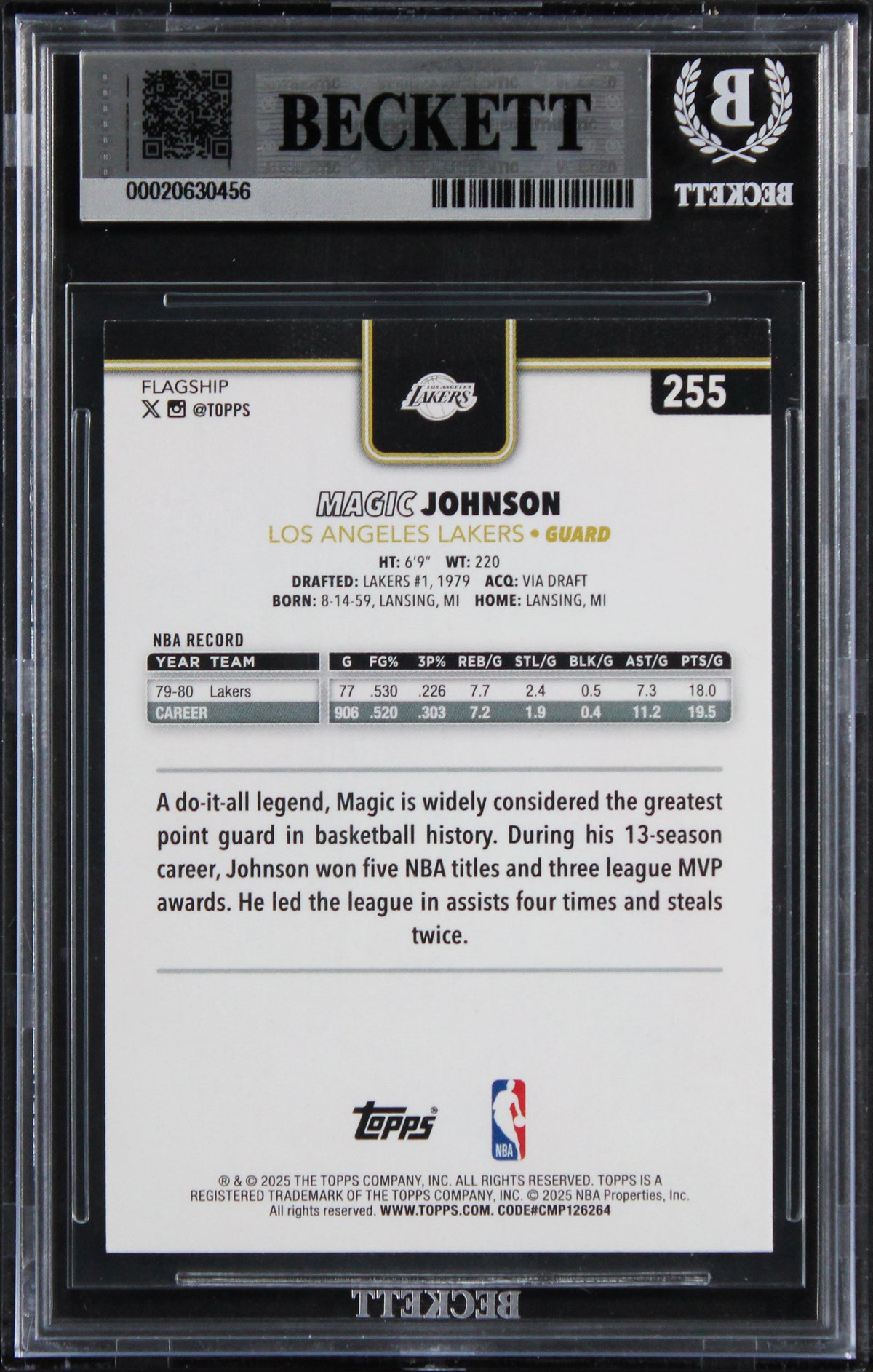 Lakers Magic Johnson Signed 2025 Topps Blackout #255 Card Auto 10! BAS Slabbed