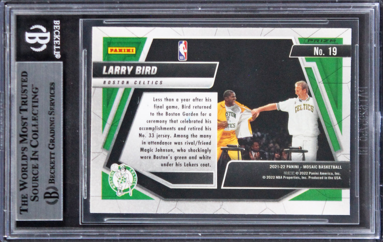 Magic Johnson Larry Bird Signed '21 Panini Mosaic MIT Mosaic #19 Card BAS Slab 2