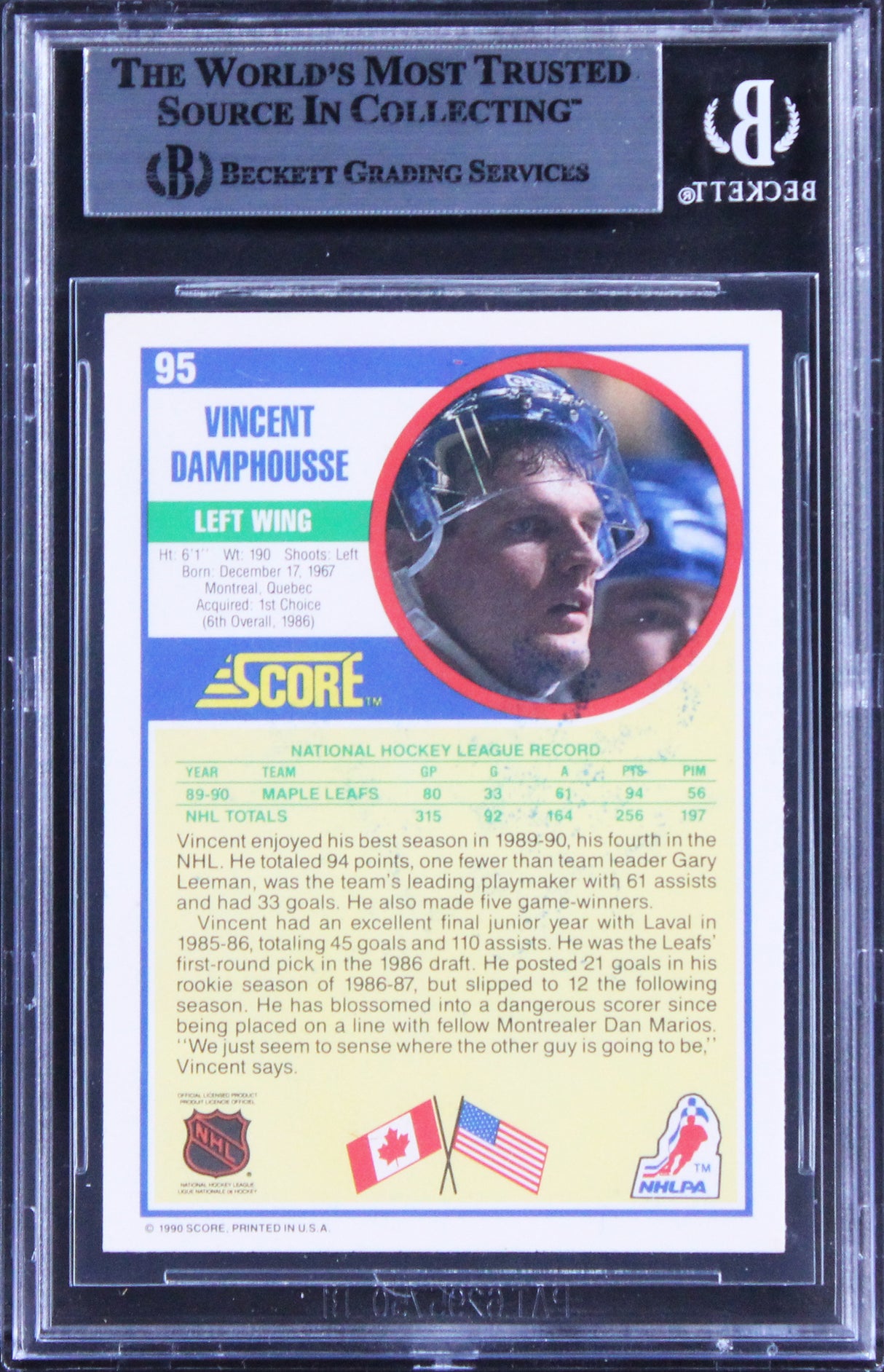 Maple Leafs Vincent Damphousse Authentic Signed 1990 Score #95 Card BAS Slabbed