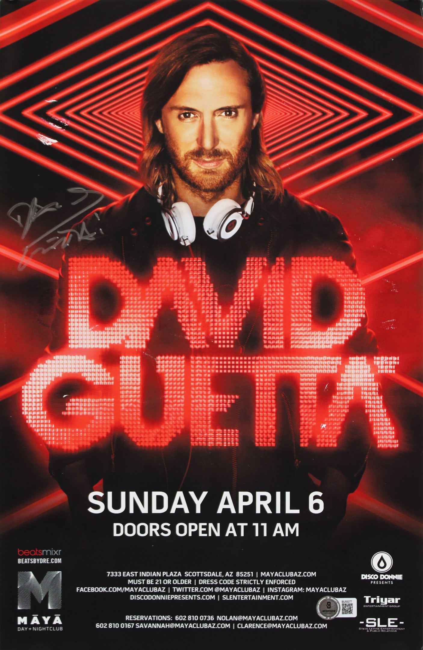 David Guetta Authentic Signed Maya Day & Nightclub 11x17 Poster BAS #BU55077