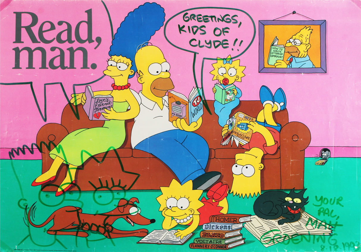 Matt Groening Simpsons Signed 22x31 Poster w/ Bart & Lisa Sketch BAS #AE16841