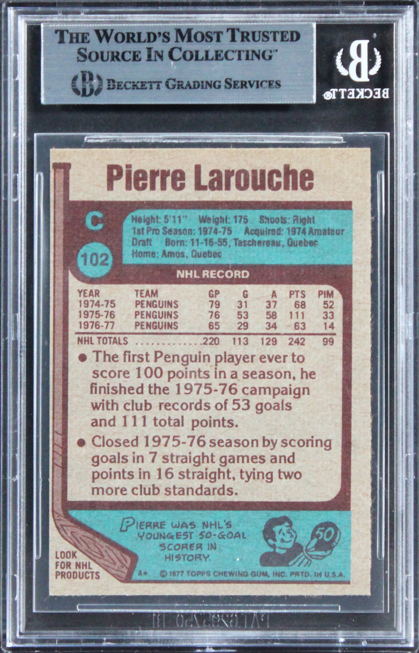 Penguins Pierre LaRouche Authentic Signed 1977 Topps #102 Card BAS Slabbed