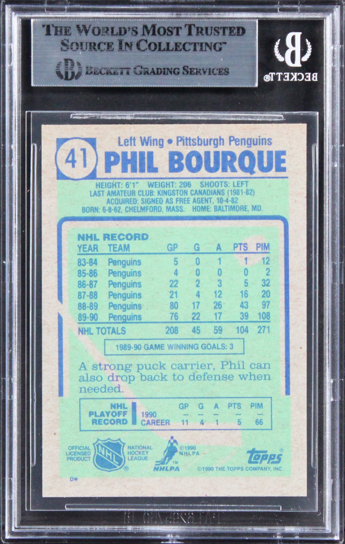 Penguins Phil Bourque Authentic Signed 1990 Topps #41 Card BAS Slabbed