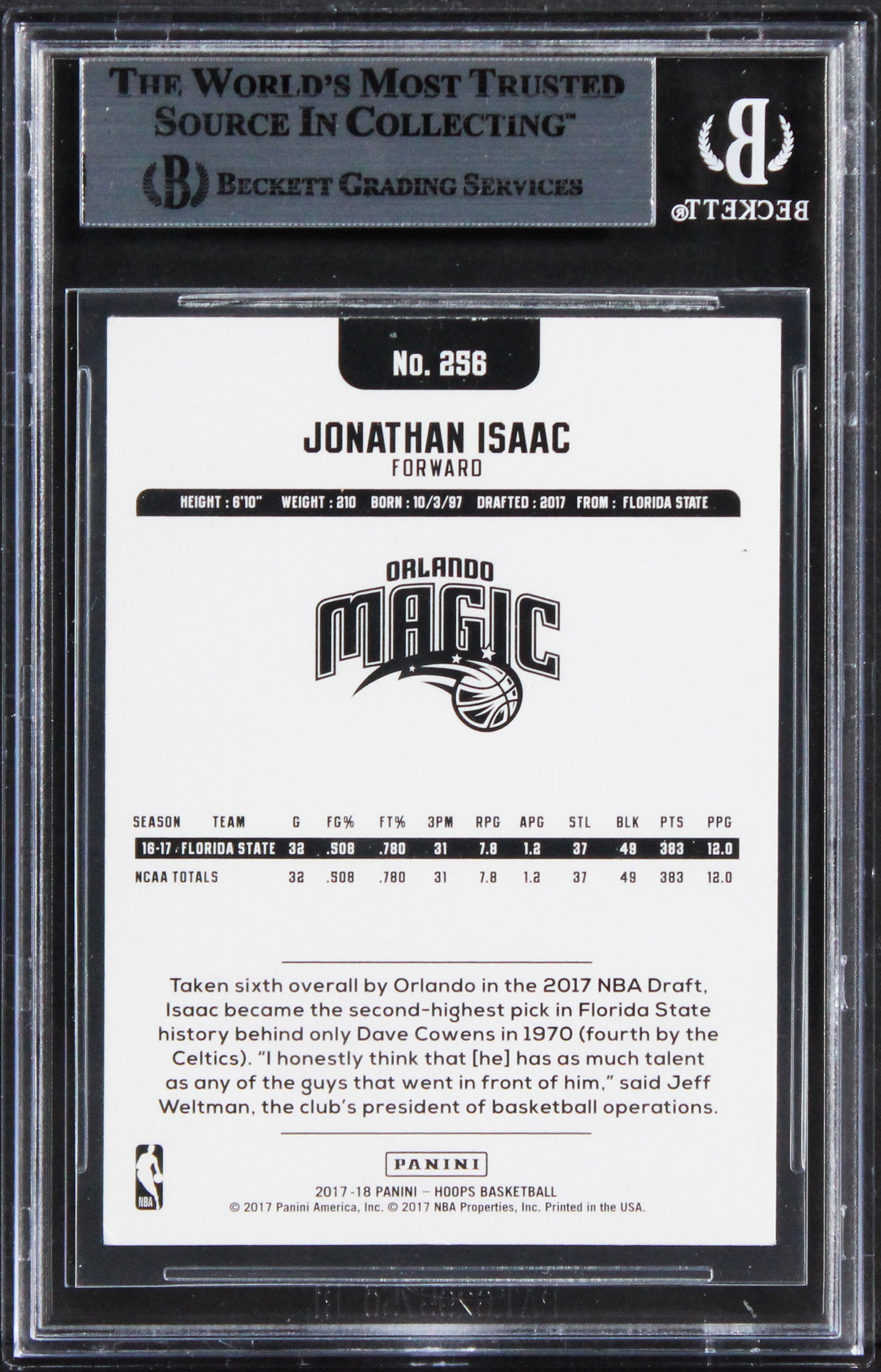 Magic Jonathan Isaac Authentic Signed 2017 Hoops #256 Card BAS Slabbed