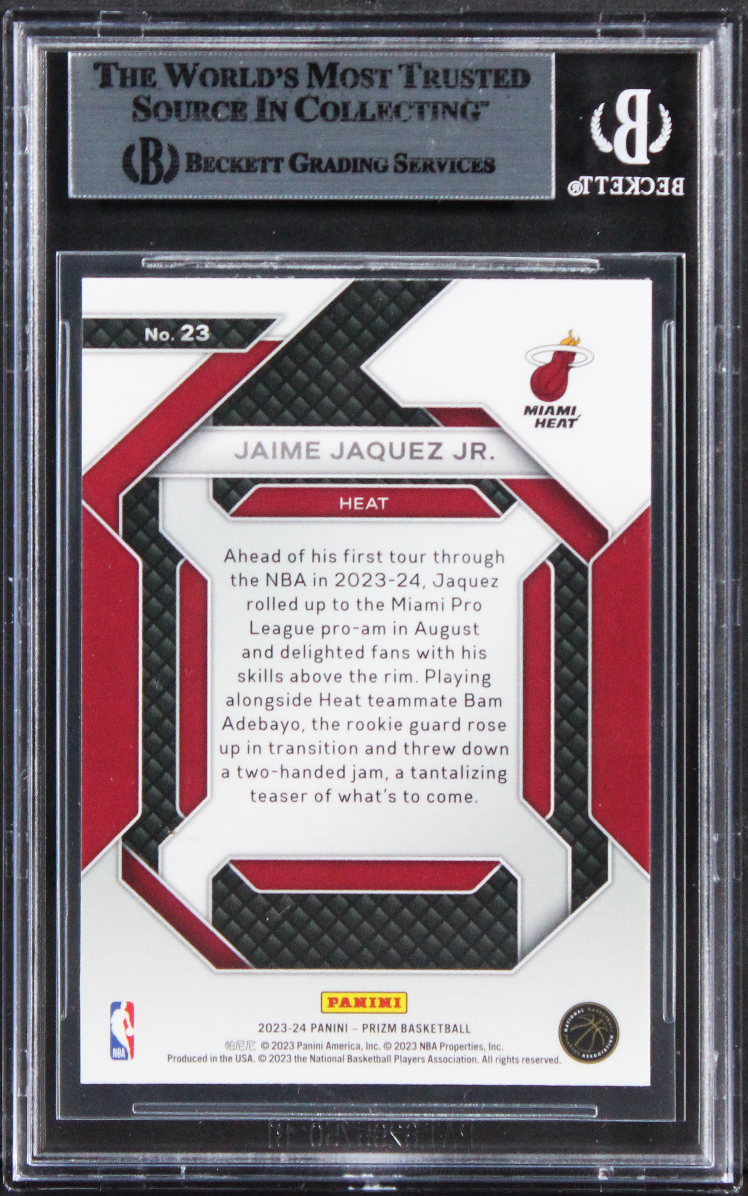 Heat Jaime Jaquez Jr. Signed 2023 Panini Prizm Em #23 Rookie Card BAS Slabbed