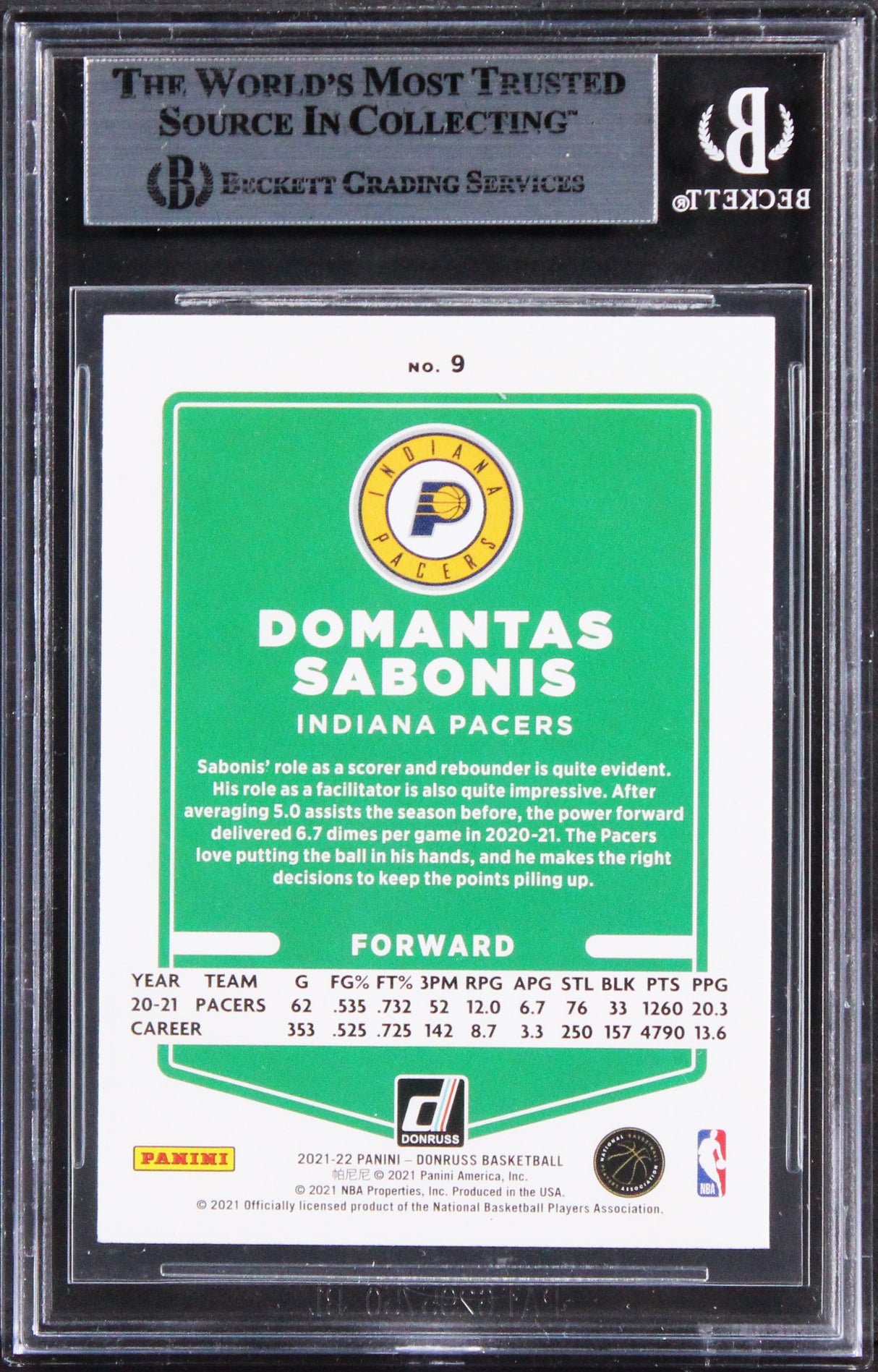 Pacers Domantas Sabonis Authentic Signed 2021 Donruss #9 Card BAS Slabbed