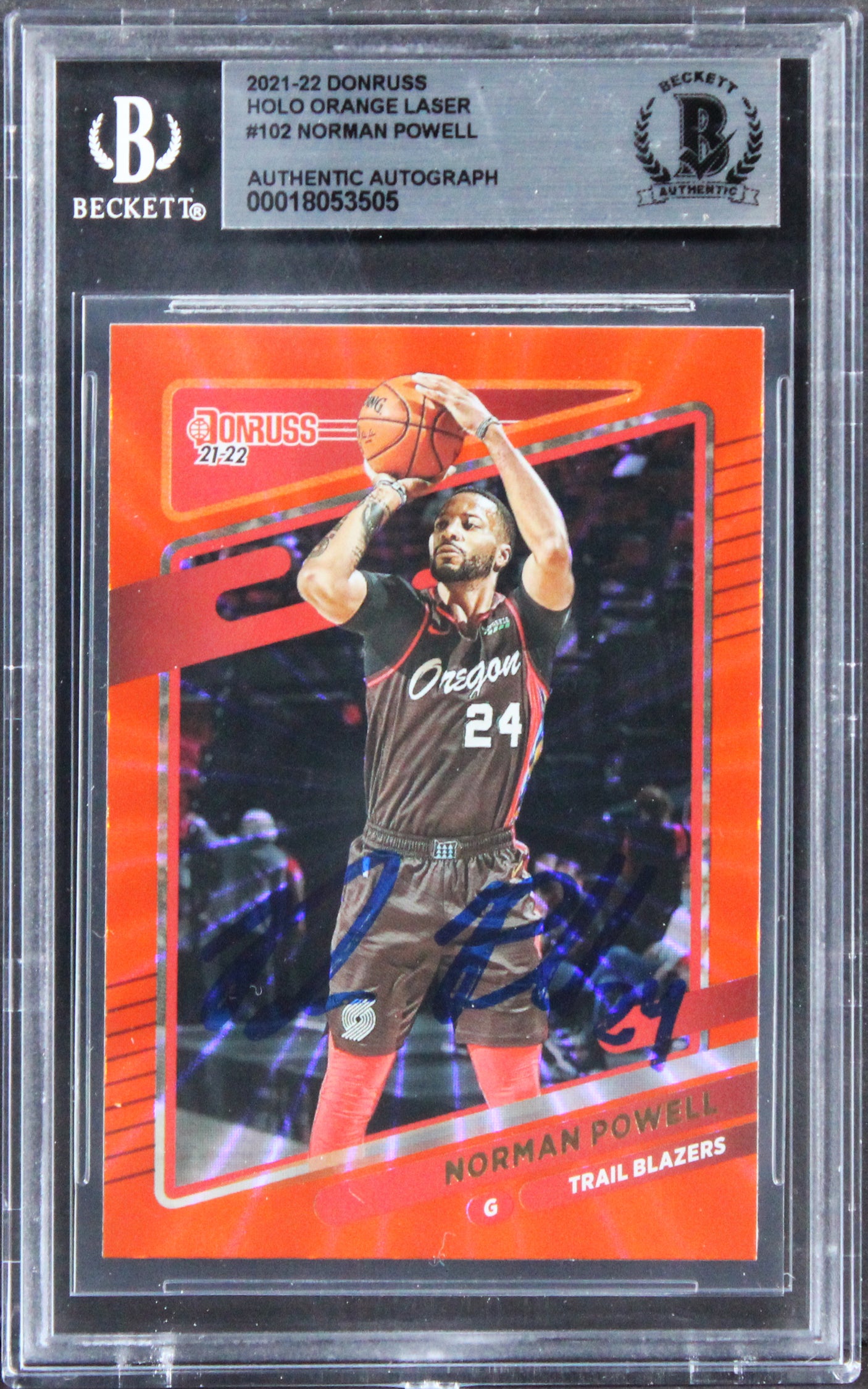 Blazers Norman Powell Signed 2021 Donruss Holo Org Laser #102 Card BAS Slabbed