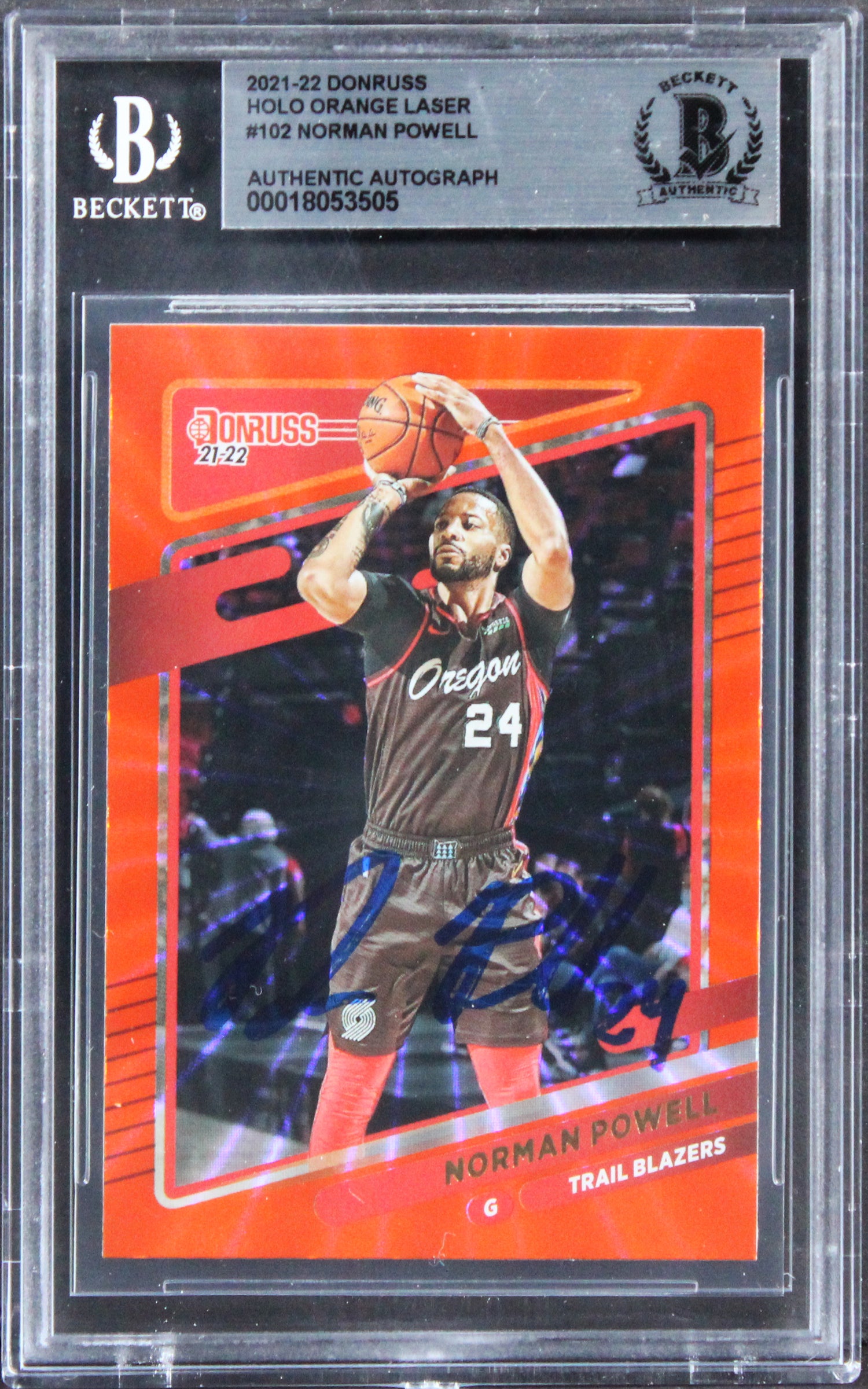 Blazers Norman Powell Signed 2021 Donruss Holo Org Laser #102 Card BAS Slabbed