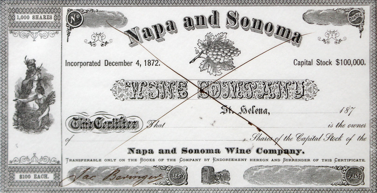 Jacob Beringer Signed & Framed 4.5x9 Napa and Sonoma Wine Stock Certificate BAS