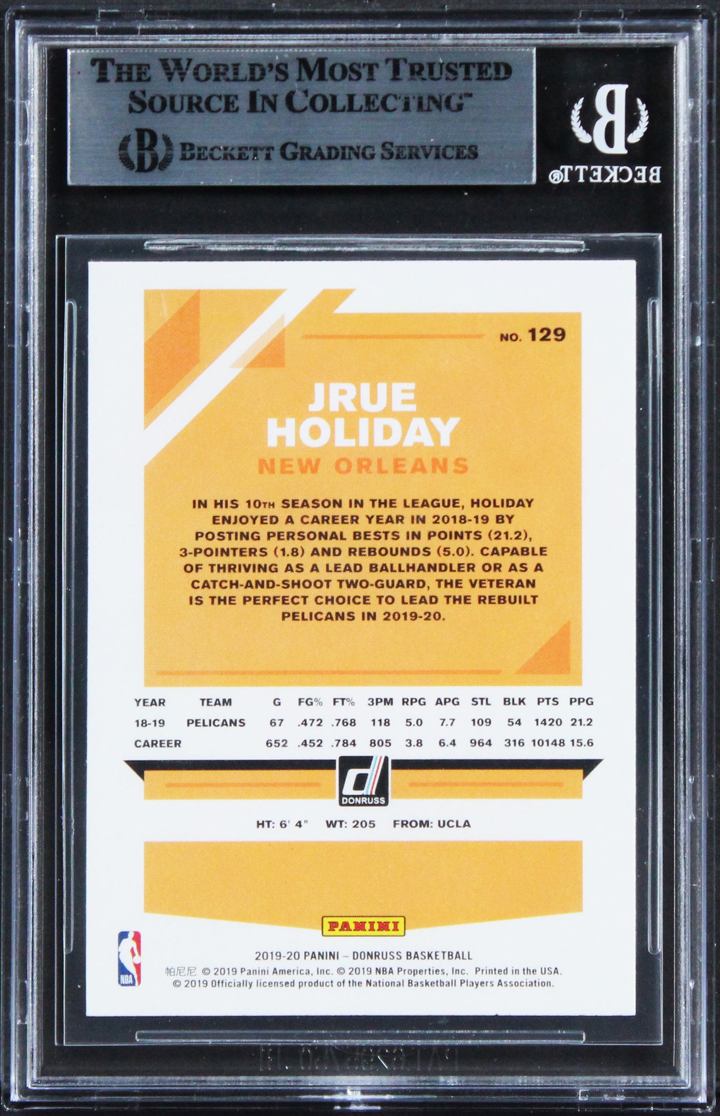 Pelicans Jrue Holiday Authentic Signed 2019 Donruss #129 Card BAS Slabbed