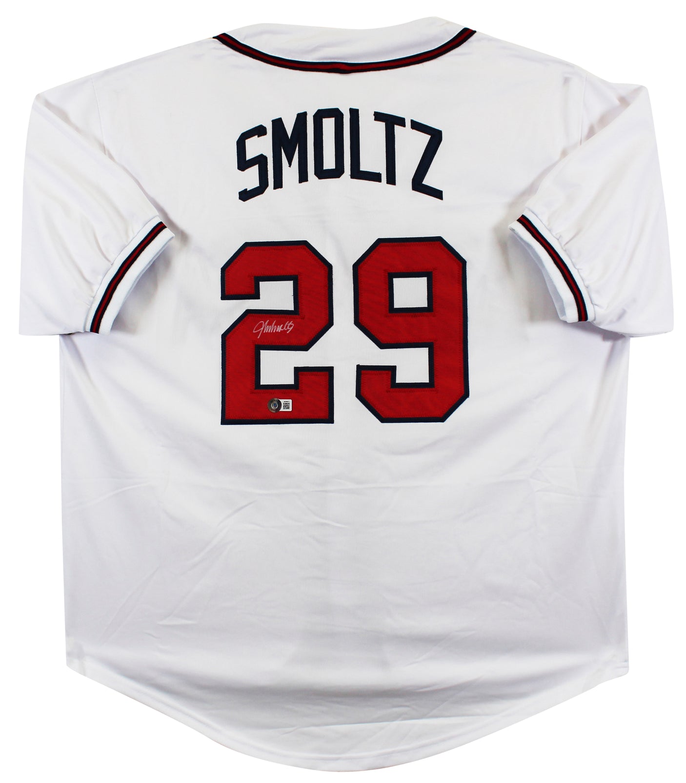 John Smoltz Authentic Signed White Pro Style Jersey w/ Silver Sig BAS Witnessed
